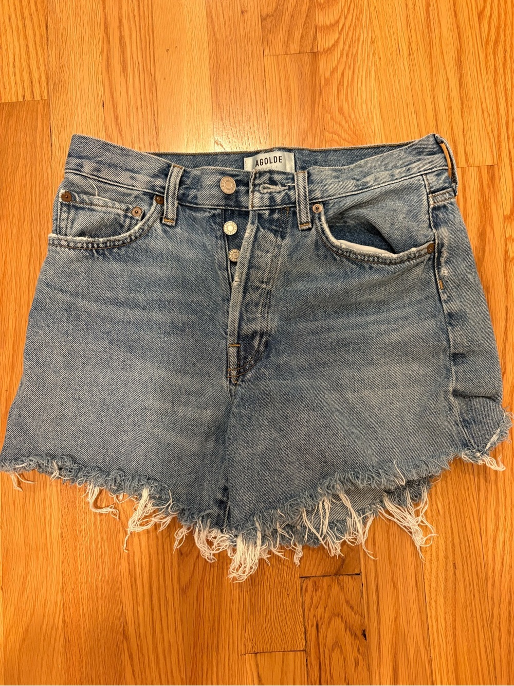Agolde Medium Wash Distressed High-Rise Denim Shorts